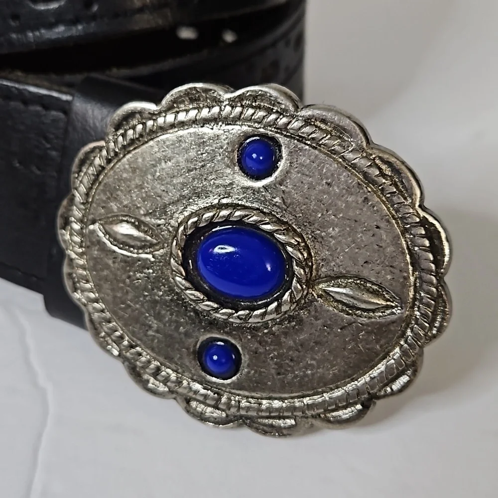 Leather Belt with Silvertone Buckle Black Pre-owned